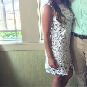 White lace dress tan slip